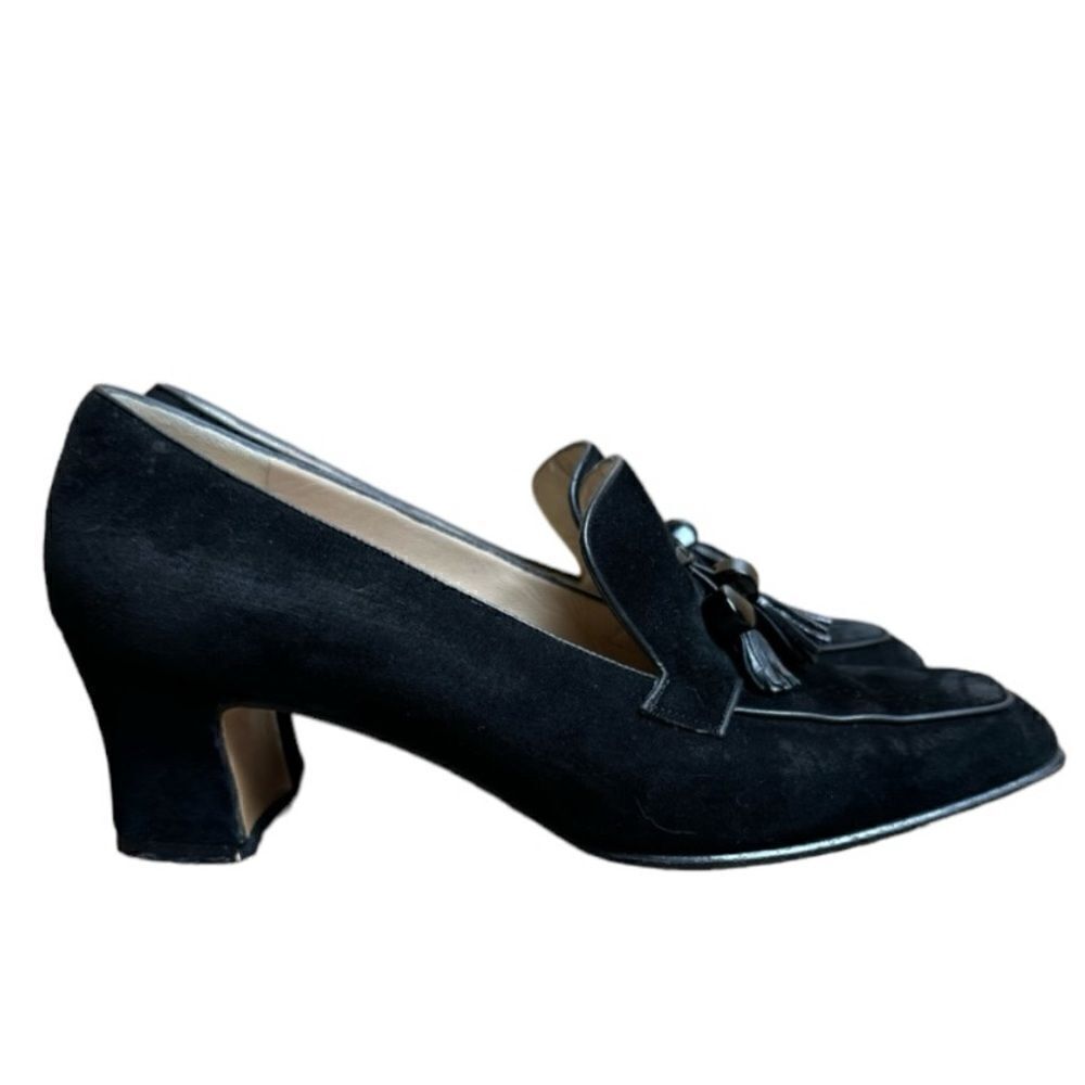 Salvatore Ferragamo Black Suede Tassel Mid-Heel Loafers